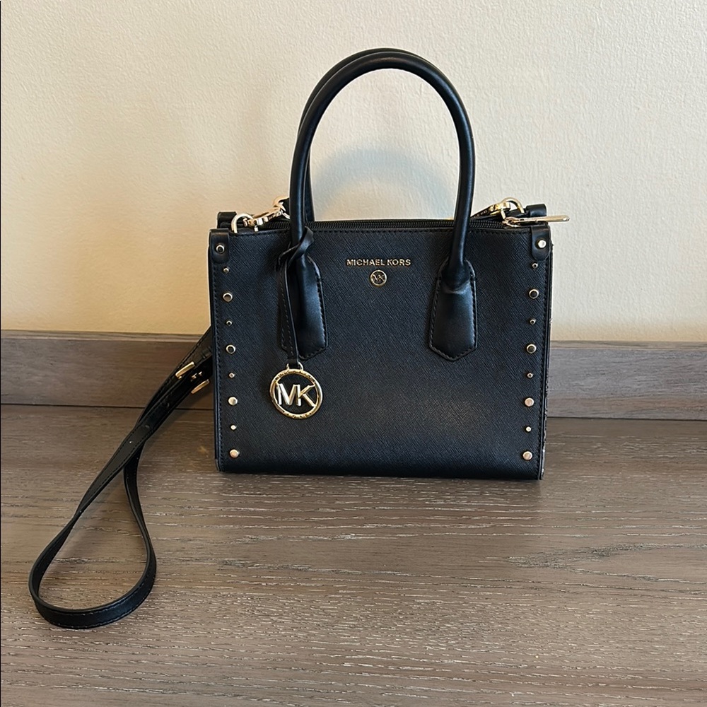 Michael Kors Black Crossbody Satchel Maple Saffiano Leather with Studded Details